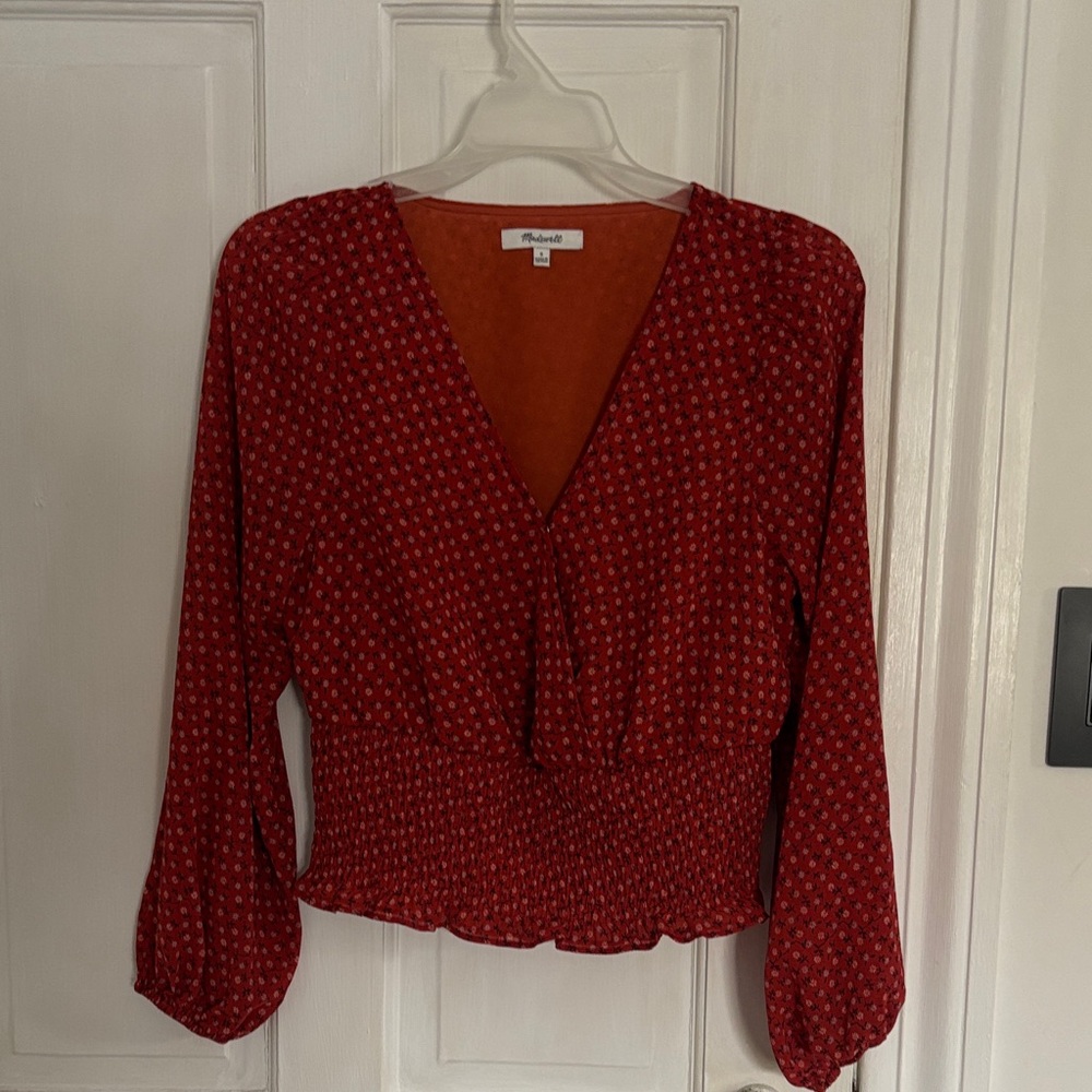 Madewell Red Patterned V-Neck Blouse